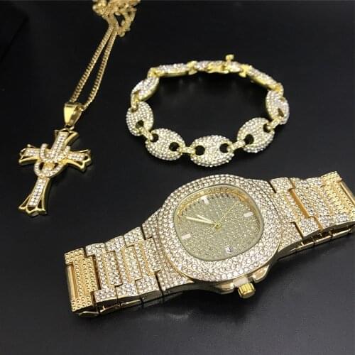 Luxury Men Gold Silver Color Watch & Necklace & Braclete Combo Set Ice Out Cuban Watch Set Hip Hop Jewerly For Men