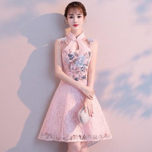 Pink Embroidery Flowers A-Line Banquet Dresses Vintage Mandarin Collar Chinese Gown Cheongsam Skirt Wedding Party Dress Vestidos