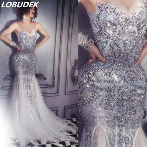 Sexy Sleeveless Silver Rhinestones Mesh Trailing Dress Lady Birthday Prom DS One Piece Dress Evening Party Celebration Costume
