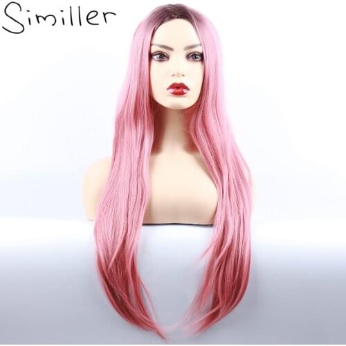 Similler Straight Hair Synthetic Long Wigs for Women Heat Resistance Fiber Dark Root Pink Ombre Cosplay Wig Central Part