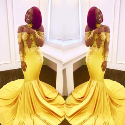 Off the Shoulder Long Sleeves Bright Yellow Elastic Prom Dress with Lace Appliques Beaded Mermaid Sexy Illuion Evening Gowns