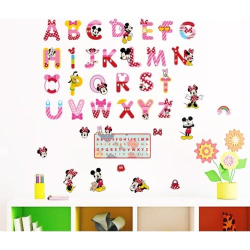 Funny minnie mickey alphabet letters wall stickers for kids rooms nursery home decoration cartoon decals children gift mural art