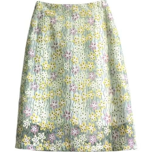 2021 spring summer vintage women mesh skirt high waist embroidered lace a-line skirt