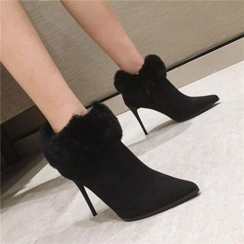 Women High Heel Snow Boots Warm Short Fur Plush Winter Ankle Ladies Suede Zip Casual Shoes Female Black Pointed Toe Boots Shoes