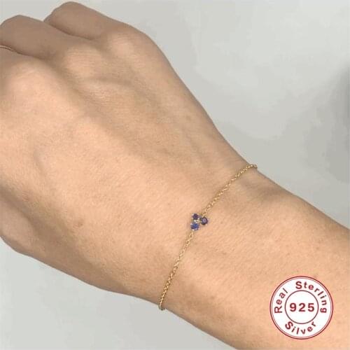 BOAKO 925 Sterling Silver Minimalist Three Zircon Flower Bracelets For Women Long Bar Pave Red Blue Crystal Chain Bracelet Gift