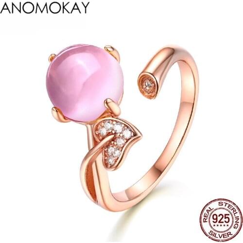 Dropshipping Japan & Korea Trendy Pink Crystal Rose Gold Open Rings for Women Lovers Mom Gift S925 Silver Resizable Heart Ring