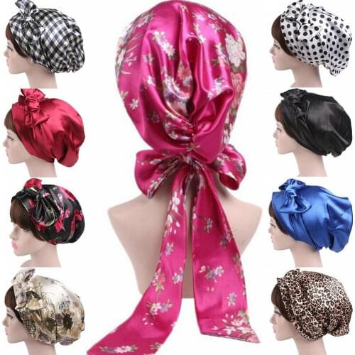 2020 New Hot Fashion Women Silk Shower Cap Night Sleep Cap Hair Bonnet Hat Head Cover Satin Turban Headscarf