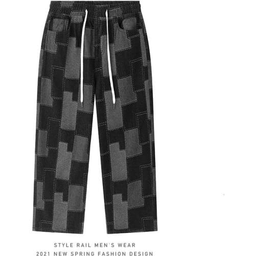 Mens Jeans Black Loose Straight Wide-leg Pants Trend Printed Plaid Pants Retro Trousers Spring Summer Hiphop Clothes Streetwear