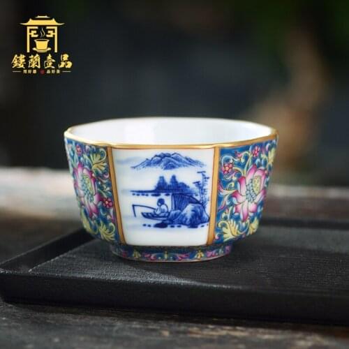 Ceramic hand painted enamel blue and white landscape six square cup kungfu tea making cup individual single cup