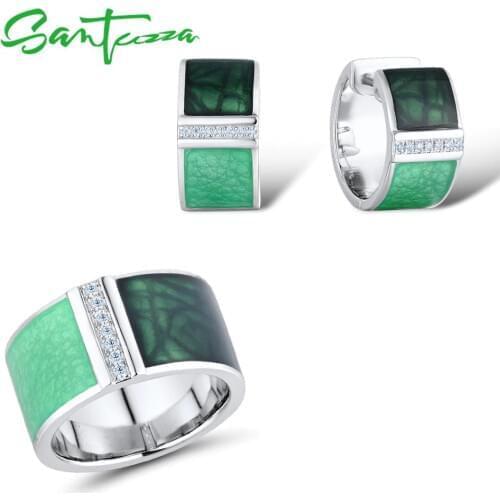 SANTUZZA 925 Silver Jewelry Set for Women Green Geometric Square Set Earrings Ring Set бижутерия Fine Jewelry Handmade Enamel