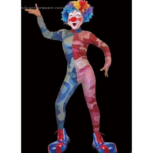 Clown costume joker festival performance stage outfit jumpsuit rhinstone sparkly dance party Childrens Birthday Celebration