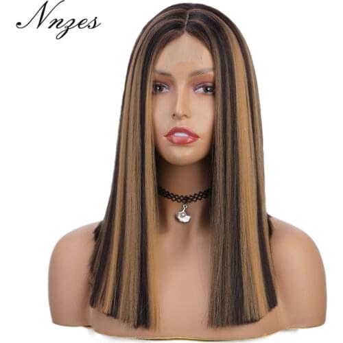 NNZES 14inches Middle Part Short Straight Wig Mixed Brown and Black Wig Heat Resistant Synthetic Wigs for Black Women