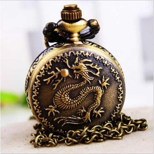 New Bronze antiques Modern hours quartz dragon pattern pendant Necklace pocket watches gift