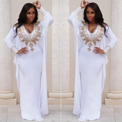 Eightale Dubai Evening Dress V-Neck Beaded Mermaid White and Gold Beads Sexy Muslim Arabic Prom Dress Party Gown robe de soire