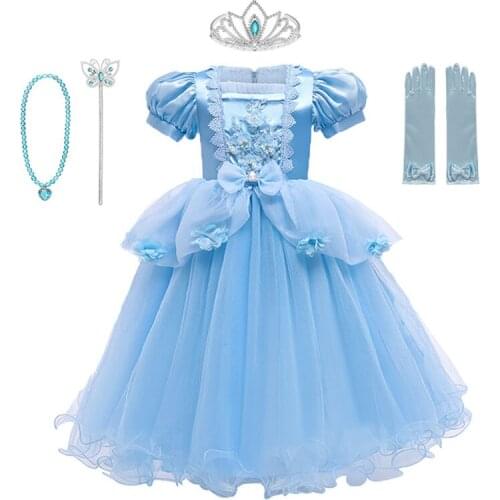 Cinderella Girl Dress Girls Beading Applique Flower Princess Dresses Children vestidos Halloween Birthday Party Cosplay Costume