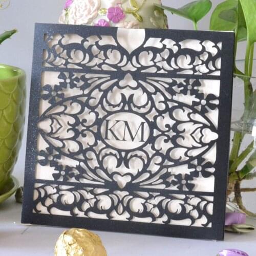 Custom pocket black pearl laser cut wedding invitations card
