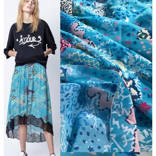 European and American brand high-definition pattern 75D chiffon blue sea coral dress fashion clothing fabric