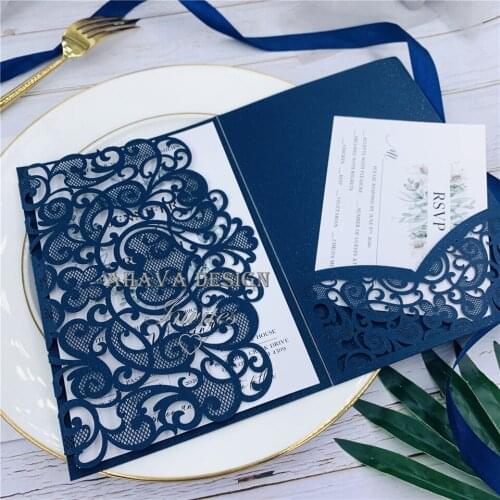 Navy Tri-fold Laser Cut Wedding Invitations With Personalized RSVP Card