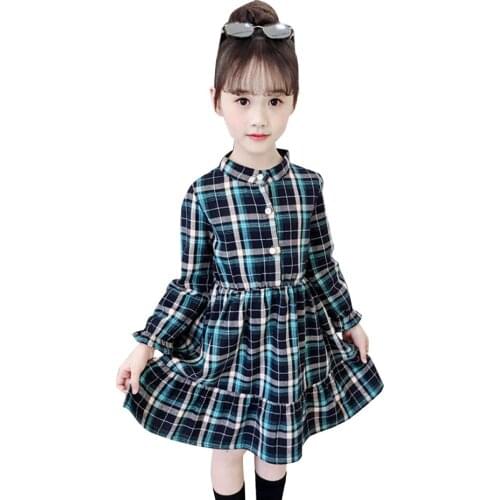 Spring Dress Girl Plaid Slim Party Dress Flare Sleeve Kids Party Dresses Autumn Casual Girls Children Clothes For 3T-14T