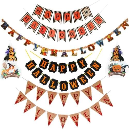 Halloween Hanging Garland Bunting Square Triangle Pumpkin Paper Banner Witch Pumpkin Hanging Flag Halloween Decoration