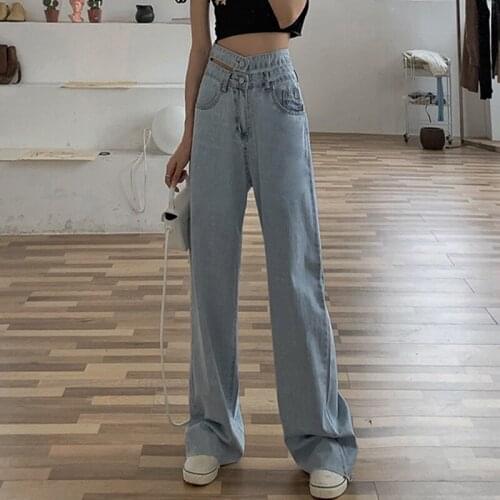 Women High Waist Casual Jeans New Arrival 2021 Fashion Korean Style All-match Loose Ladies Denim Wide Leg Long Pants W442