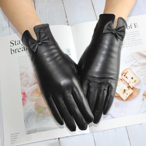 Bickmods 2020 New Fashion Women Genuine Leather Sheepskin Bow Decoration Velvet Lining Keep Warm In Winter Black Gloves