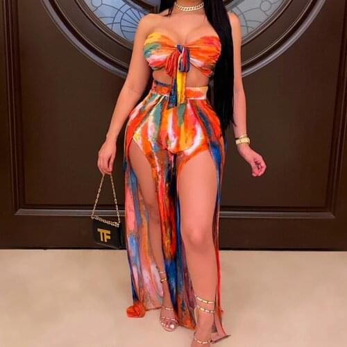 2020 New Arrival Fashion Design 2 pcs Women Set Tie Dye Strapless Short Tops and Long Pants Summer Beach Outfits