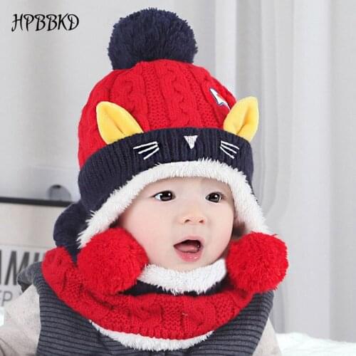 HPBBKD Winter Warm Baby Boys Girls Hat Scarf Set Cute Knitted Cotton Hats for Toddlers Kids Cartoon Ear Protecting Hats GH431