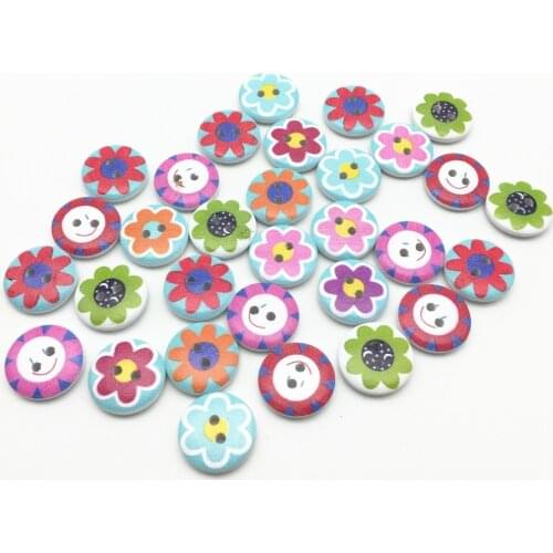 1000pcs 20mm Mixed Flowers Wood Round Buttons 2-hole DIY Sewing Button Embellishments for Scrapbooking Cardmaking