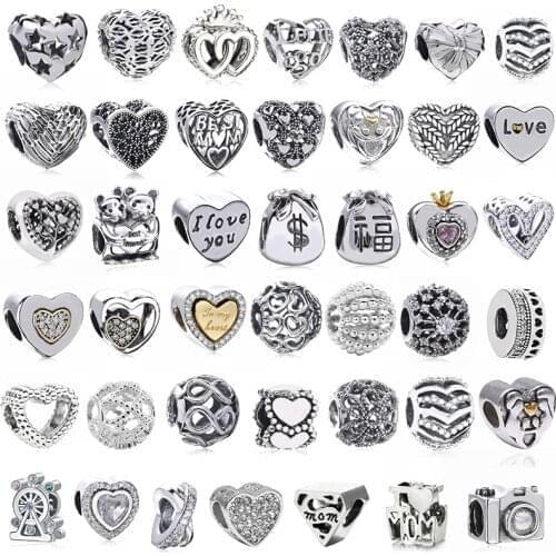 2Pcs/Lot High Quality Silver Color Love Heart Charms Beads fit Original Brand Bracelets Necklaces for Women DIY Jewelry Making