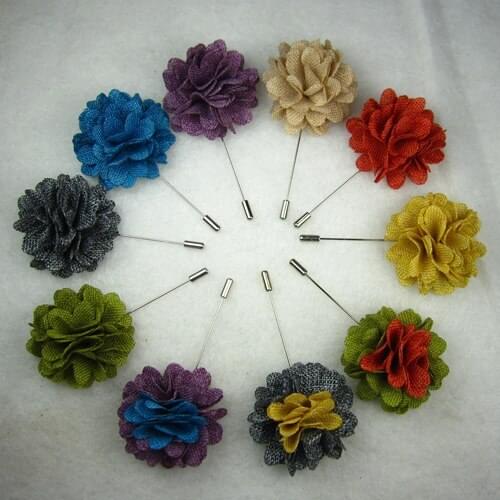 Free shipping!newest 24PCS/LOT flax flowers linen floewer stick pins brooch pin lapel pins 10color for your choice