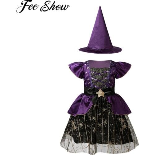 Kids Shiny Sequins Stars Short Sleeve Carnival Cosplay Dress with Pointed Hat Set Dress Up Girls Halloween Witch Costume