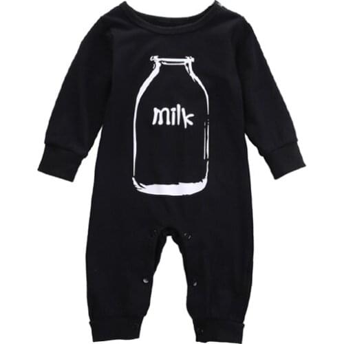 2017 Newborn Infant Baby Girls Boys Spring Fall Winter 0-24M Long Sleeve O-Neck Covered Button Milk Cartoon Print Black Romper