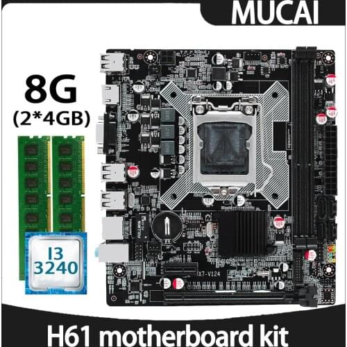 MUCAI H61 Motherboard LGA 1155 Kit Set With Intel Core i3 3240 CPU Processor And DDR3 8GB(2*4GB) 1600MHZ RAM Memory PC Computer