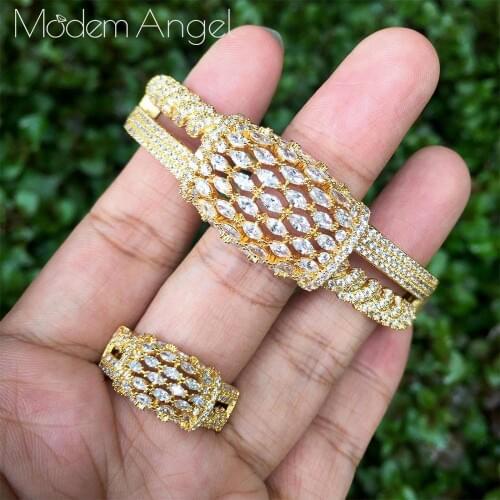 ModemAngel African Bangle Rings Set For Women With AAA Cubic Zirconia Pave Setting Female Party Accessories
