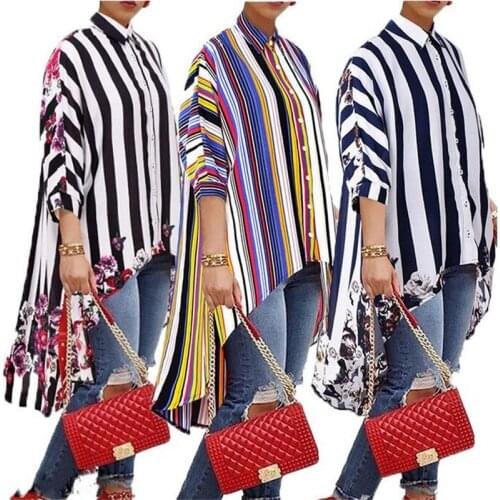 Fashion Women Loose Long Sleeve Striped Shirt New Casual Blouse Shirt Lantern Sleeve Shirts Womens Girl Lapel Long Work Blouses