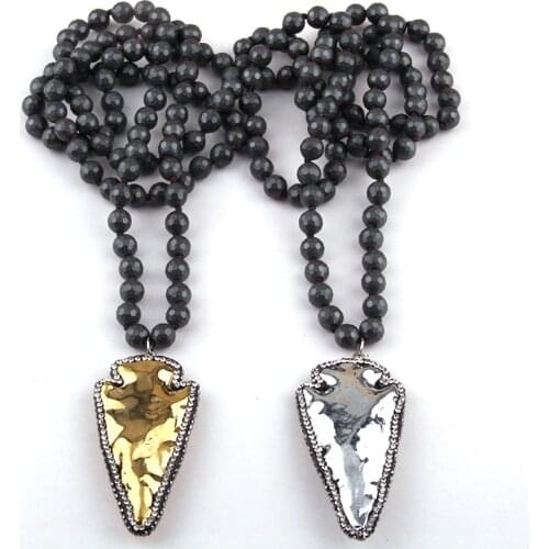 Fashion Faceted Hematite Stone Long Knotted Neck Handmake Paved Arrowhead Pendant Necklaces For Women Ethnic Necklace
