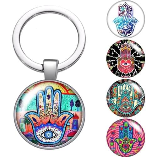 Evil Eye Hand pattern fashion glass cabochon keychain Bag Car key chain Ring Holder silver color keychains for Men Women Gifts