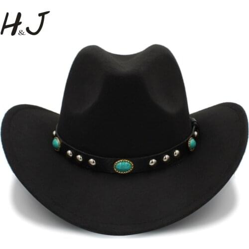 Men Wool Hollow Western Cowboy Hat Roll-up Wide Brim Gentleman Jazz Sombrero Hombre Cowgirl Cap With Punk Belt Size 56-58CM
