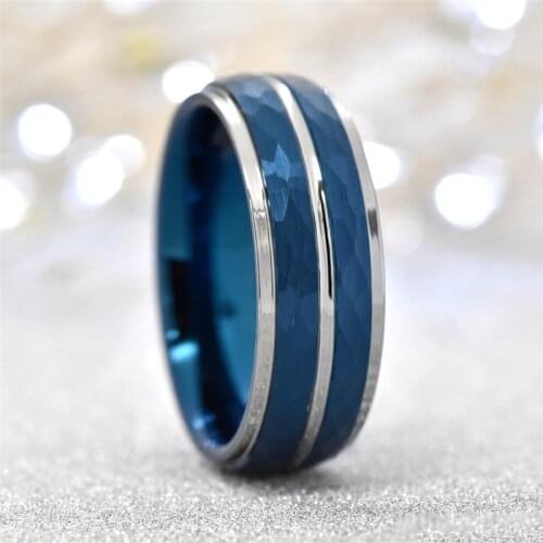 8mm Blue Tungsten Carbide Mens Engagement Ring Blue Edge Silver Groove Inlaid Rings Mens Promise Rings Jewelry Size 6-13
