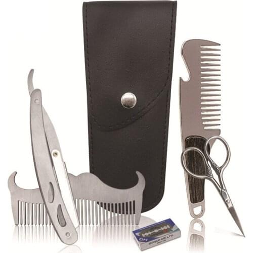 6PCS Stainless Steel Beard Grooming Kit Trimming Shaving Brush Comb Beard Set Beard Care Comb Tool Hair Scissors Set