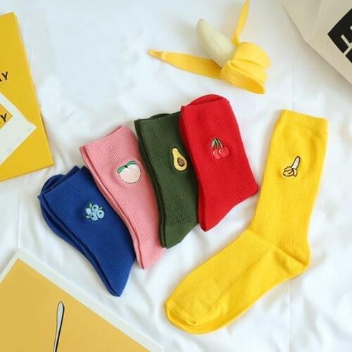 Cute Cartoon Fruit Print Avocado Banana Cherry Peach Girls Lovely Socks Korean Embroidery Pile Heap Funny High Elastic Socks