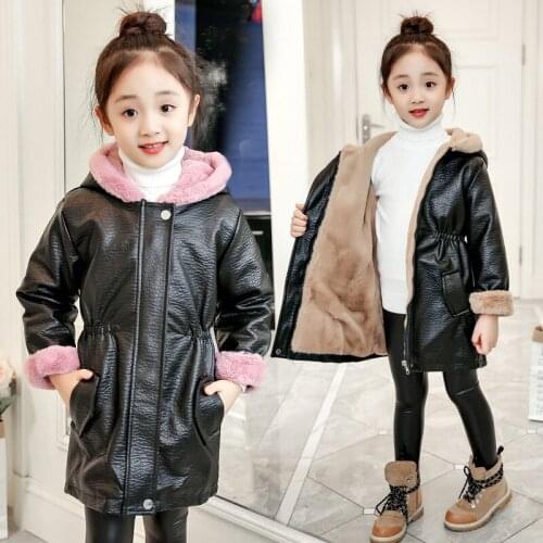 Toddler Girl Jacket Coat Winter Children Hooded Plus Velvet Fur PU Leather Jacket Kids Girls Long Warm Windbreaker Coats Clothes