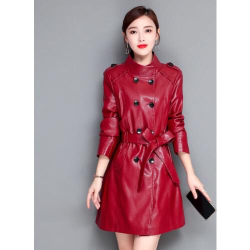 Autumn New Women Leather Jacket Fashion Double-Breasted Slim Sheep Coat Plus Size Windbreaker Ladies Overcoat Tide 4XL D3350