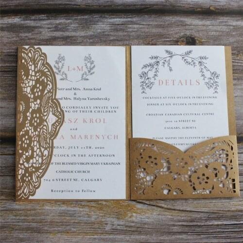 Rustic Invitation Wedding Tri-fold Pocket Marriage Gift Card Personalized Invite Text Printing Craft Pearl Paper Multi Colors