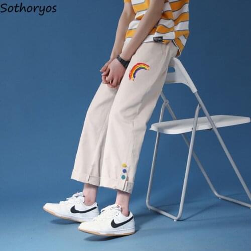 Rainbow Print Casual Pants Women Couples Unisex BF Straight Ankle-length Colorful Buttons Teen Girls Baggy High Waist Drawstring