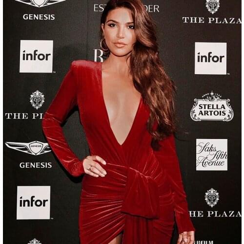 【Clearance]】eDressU Sexy Evening Party Dress Red Velvet Vintage Bandage Dress Long Sleeve Club Dress V NeckMC-2755