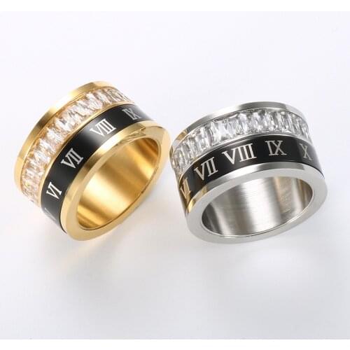 Rotatif Black Roman Numerals CZ Crystal Rings Fashion Men Stainless Steel Rough Style Ring Women Couple Party Wedding Jewelry