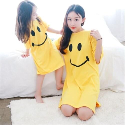 Family Look Matching Outfits Summer Short Sleeved Nightdress Smile Cute Sweet Mother and Daughter T-shirt skirt Homewear Party