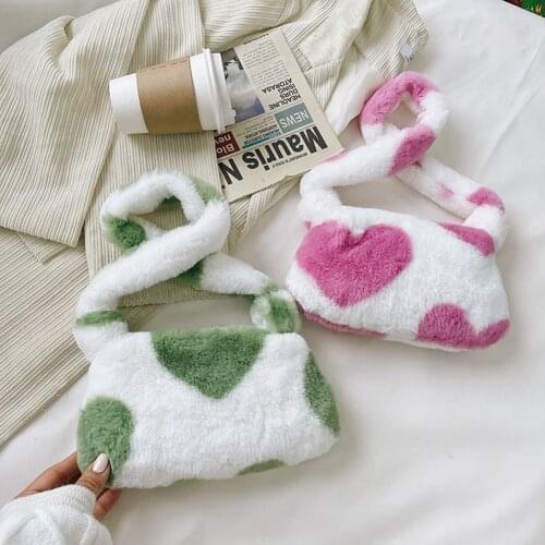 Cute Women Bags Flower Love Heart Printing Design Plush Shoulder Bag Ladies Casual Autumn Winter Small Tote Fashionable Handbags